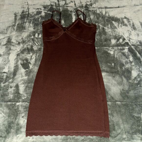 H&M Bodycon Dress Women's Small Brown Ribbed Lace Trim Spaghetti Straps Coquette - Picture 5 of 9